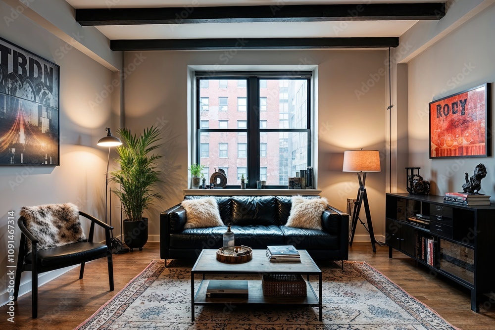 Fototapeta premium Stylish Loft Featuring Black Leather Sofa and Modern Urban Decor