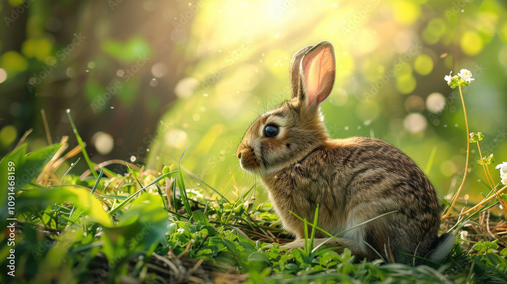 Fototapeta premium An adorable Easter bunny surrounded by soft pastel colors and Easter eggs, with ample space for a festive inscription or message, perfect for Easter cards or celebrations.