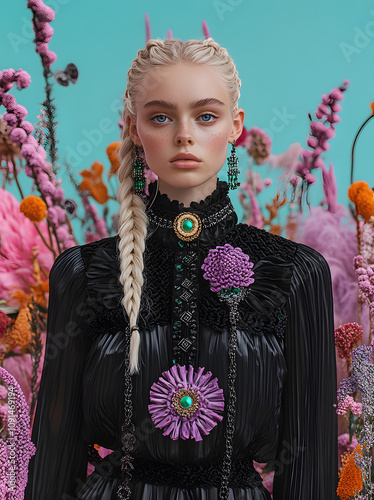 Elegant Portrait of a Woman in Black Embellished Dress with Floral Accents