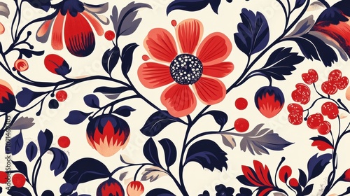 A vibrant floral pattern featuring red and navy flowers and leaves on a light background.