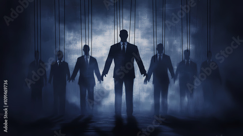 Political puppetry strings controlling corrupt politicians dark eerie atmosphere illustrating manipulation and power struggle shadows adding depth and intrigue. Shadow Puppet Show. Illustration
