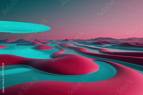 Stunning Minimalist Neon Landscape Featuring Teal and Crimson Streams in a Futuristic 3D Environment photo