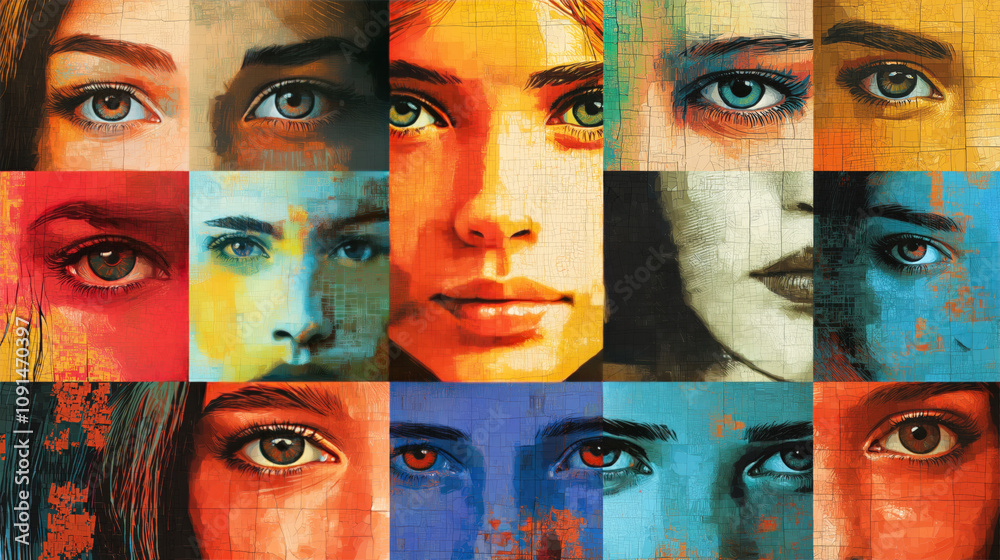 Obraz premium A captivating arrangement of female faces displaying various eye colors and expressions, emphasizing the diversity of beauty in art