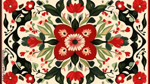 A vibrant floral pattern featuring red and green elements on a light background.