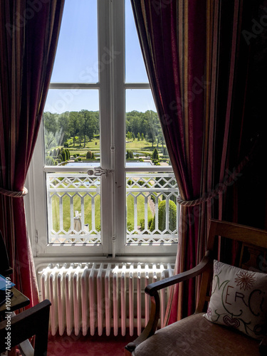 View of a garden from a room,  Saint-Sauveur-en-Puisaye, Yonne, France