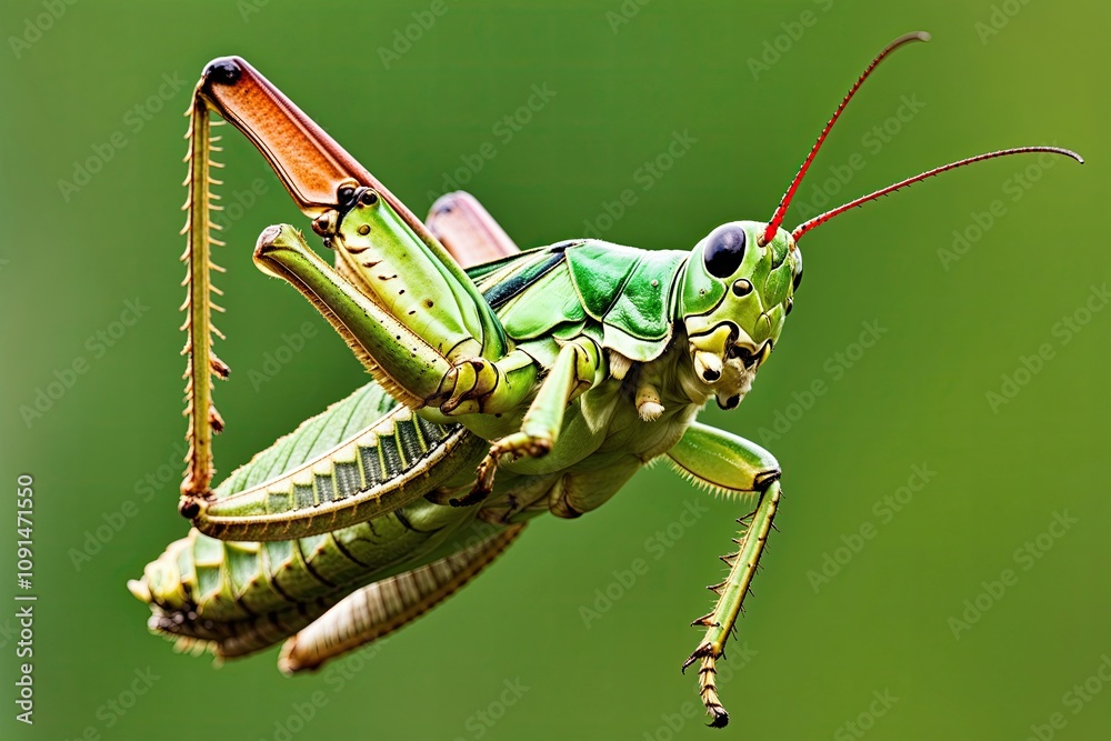 Fototapeta premium Close-Up Macro Image of Isolated Grasshopper Jumping on Green Background