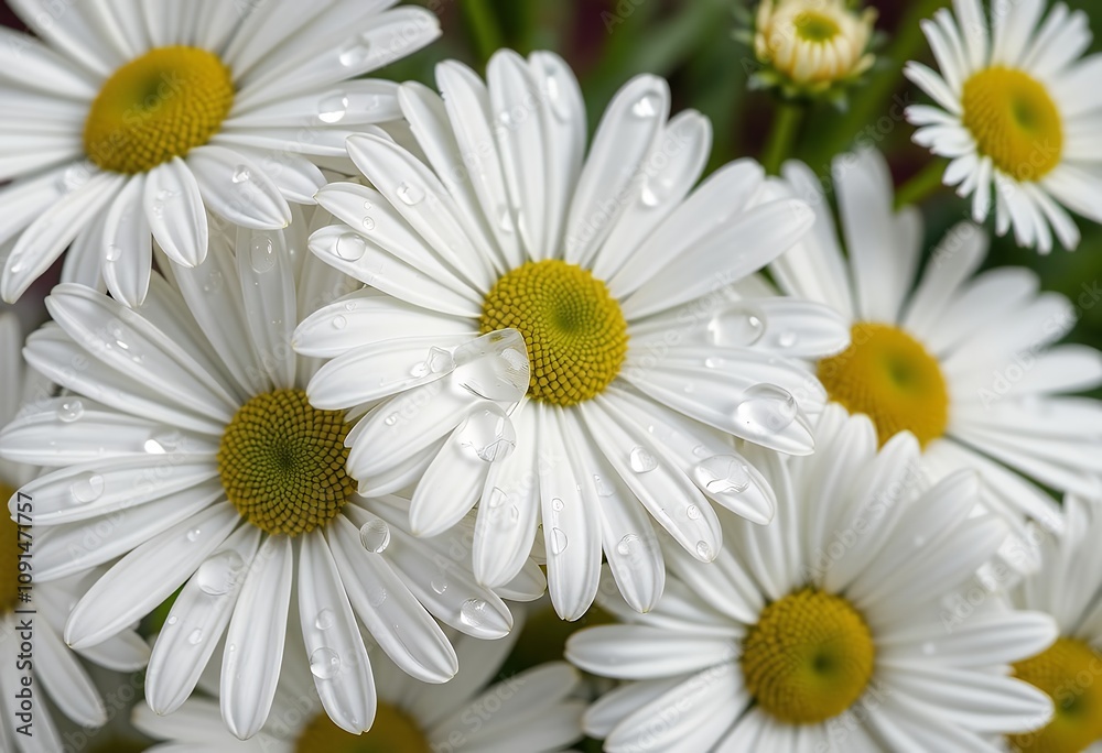 Fototapeta premium Close up Dew Drops on White Daisies Spring Flowers Nature Photography