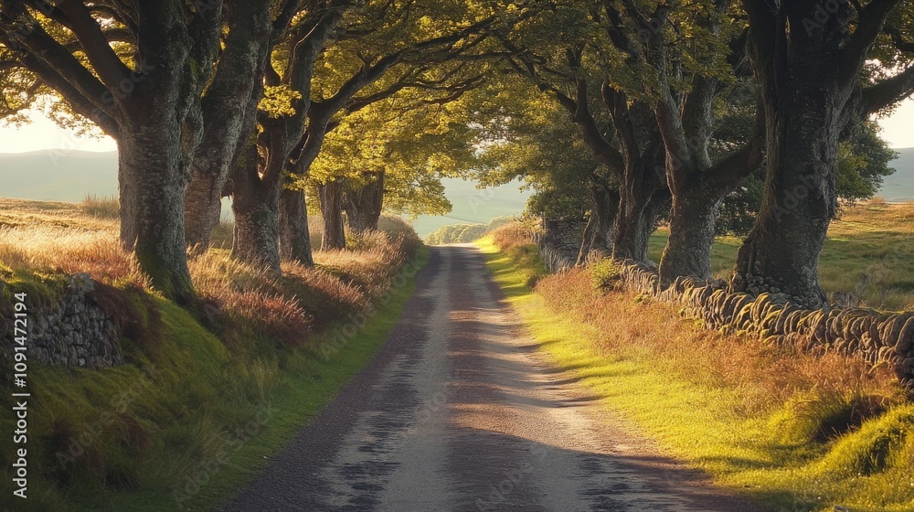 Fototapeta premium Sunlit Country Road Lined With Majestic Trees