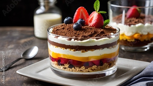 Delicious Layered Trifle Dessert With Chocolate Sponge Cake Whipped Cream and Fruit Jelly