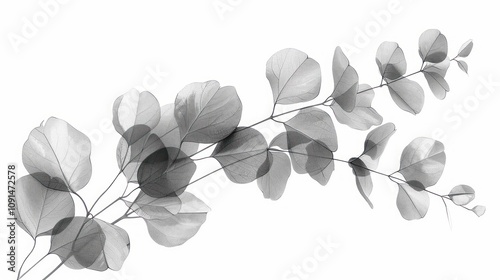 Wallpaper Mural Abstract grayscale eucalyptus leaves and branches.  Delicate, layered, and translucent foliage.  Soft light gray tones against a pure white background. Torontodigital.ca
