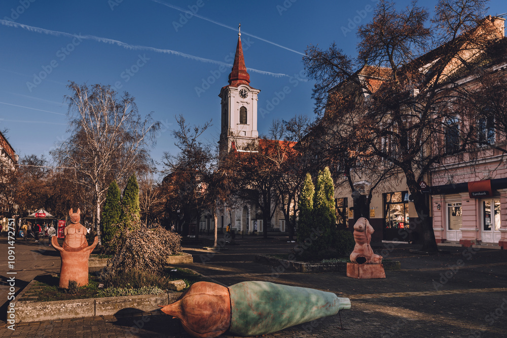 Kikinda Main Square with Church and Terracotta Sculptures