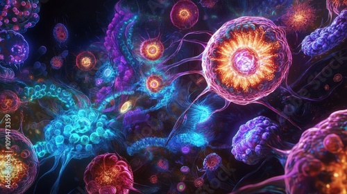 A vibrant depiction of microscopic organisms in a colorful, abstract environment.
