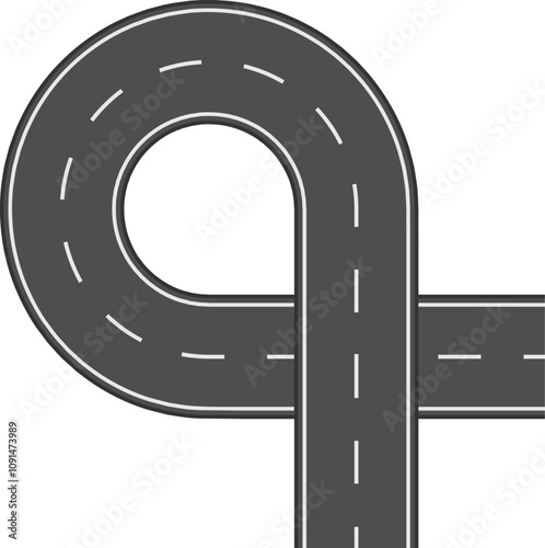 Winding road making a loop over a straight road, creating a visually interesting intersection against a clean white background