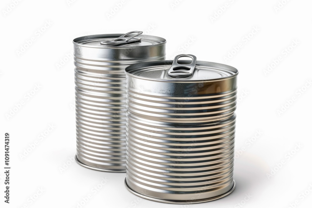 Two metal cans with lids on a white surface Two metal cans with lids on a white surface