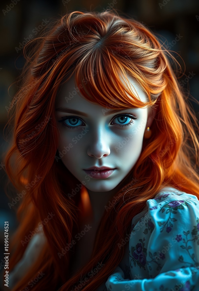 Obraz premium Stunning Redhead Woman Portrait Blue Eyes Long Hair Fashion Beauty