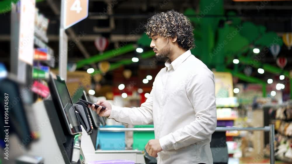 Male customer using self-service cashier checkout in a supermarket Shopper scanning produce items using at grocery store self serve cash register pos terminal man banking pay for products online