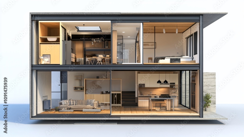 Modern house cross section showing interior furniture and layout Modern house cross section showing interior furniture and layout