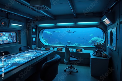 Underwater Research Laboratory with Advanced Technology and Ocean View Featuring Marine Life and Scientific Instruments