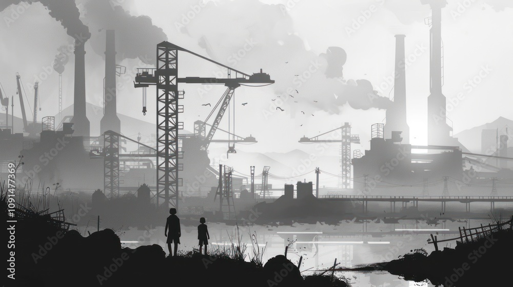 Obraz premium Two silhouetted figures observe an industrial landscape shrouded in smog at dawn.