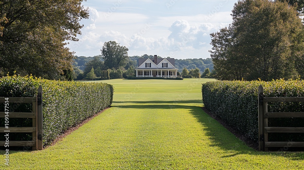 Fototapeta premium White farmhouse at the end of a grassy lane lined with hedges and wooden gates.