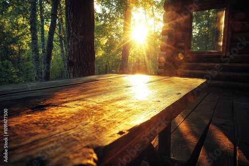 A wooden table surrounded by trees and foliage photo