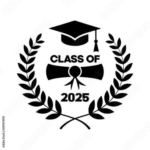 Graduate class of 2025 logo with diploma, laurel wreath and graduation cap vector on white background.