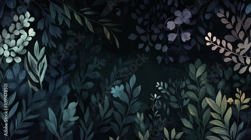 A dark, floral pattern featuring various leaves and flowers in muted colors.