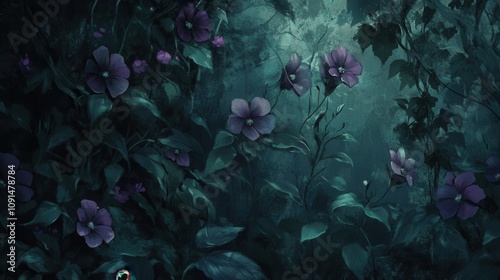 A dark, moody illustration of purple flowers and foliage in a lush, shadowy environment.