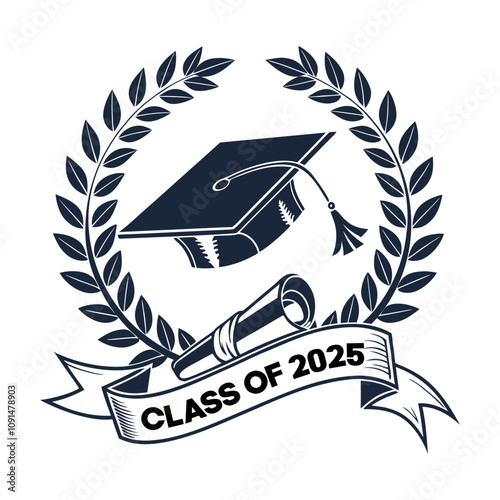 Graduate class of 2025 logo with diploma, laurel wreath and graduation cap vector on white background.