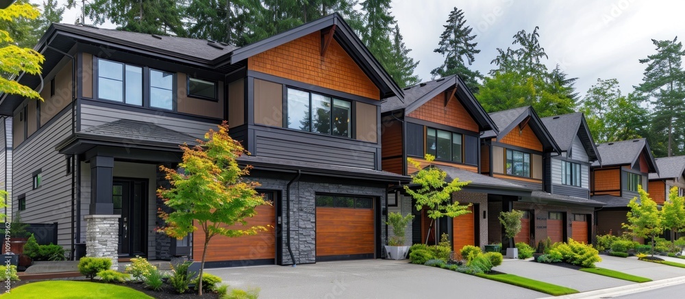 Obraz premium Modern Townhouses with Garages and Lush Landscaping