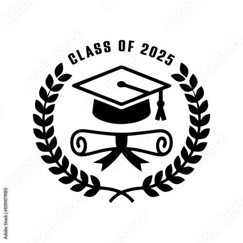 Graduate class of 2025 logo with diploma, laurel wreath and graduation cap vector on white background.