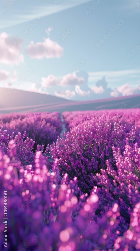 Obraz premium Lush lavender field, soft focus, scenic view, idyllic landscape, sunrise.
