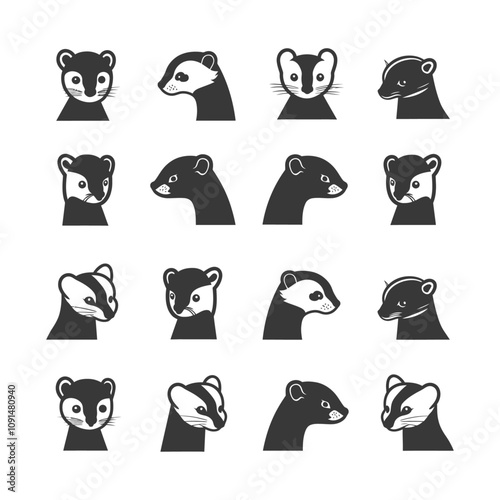 Black and White Illustrated Heads of Long tailed Weasels in Various Poses