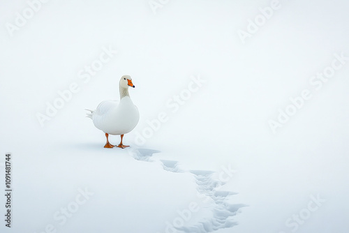 A white goose stands alone on a snowy surface, leaving tracks behind in the untouched snow during a tranquil winter day photo