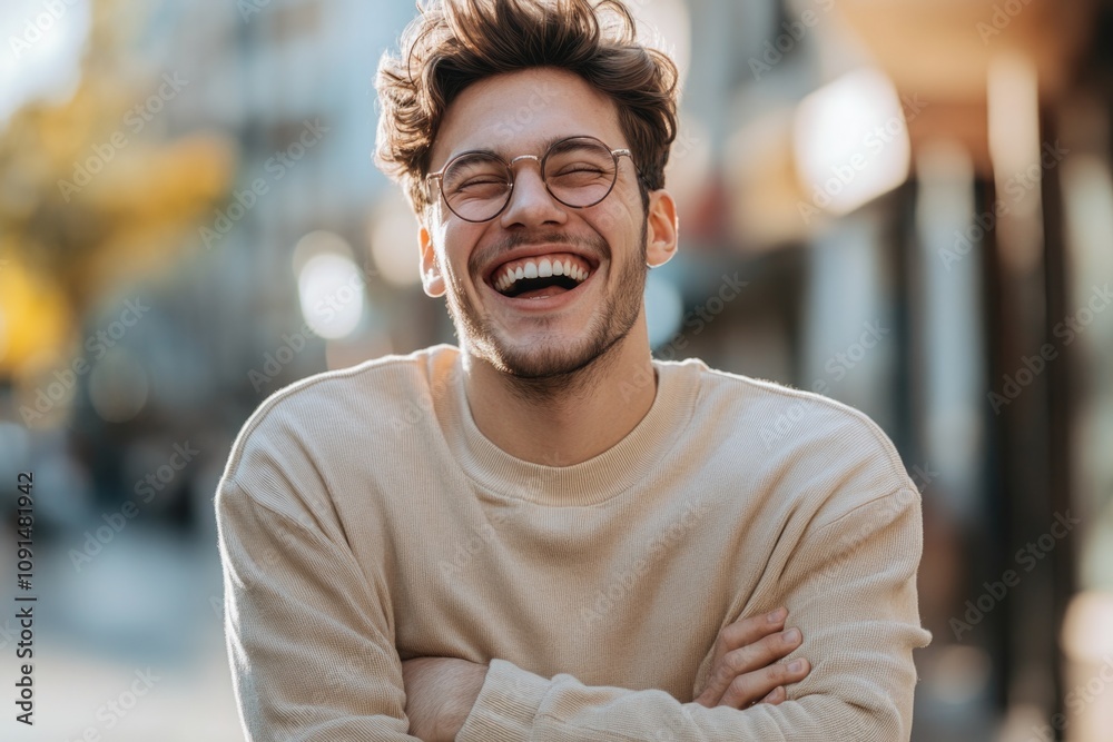 A person wearing glasses and a sweater smiles A person wearing glasses and a sweater smiles