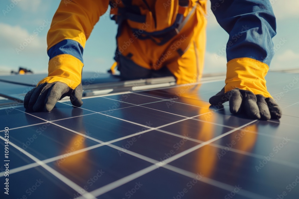 Obraz premium Technician installs solar panels