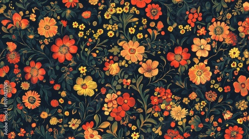 A vibrant floral pattern featuring a variety of colorful flowers on a dark background.