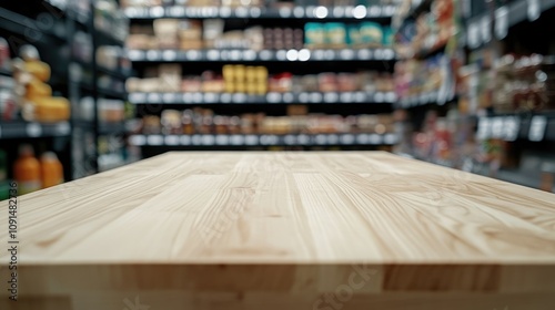 A polished wooden table prominently positioned in a grocery store aisle, showcasing blurred supermarket shelves filled with assorted products in the background.