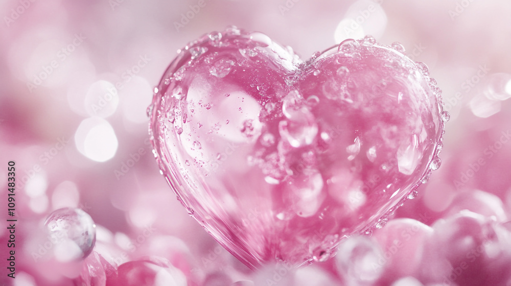 Clear pink heart shape surrounded by sparkling pink bubbles in soft focus background