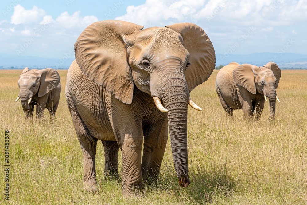 Fototapeta premium Wild elephants roaming freely in a lush green meadow