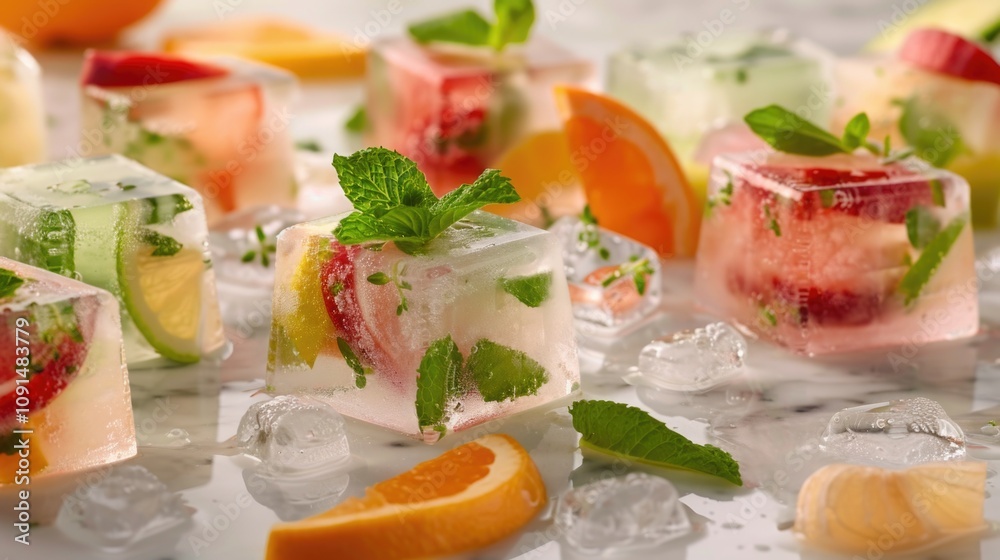 Fresh vegetables and fruits served on a table with ice cubes, perfect for a healthy snack or presentation Fresh vegetables and fruits served on a table with ice cubes, perfect for a healthy snack or presentation