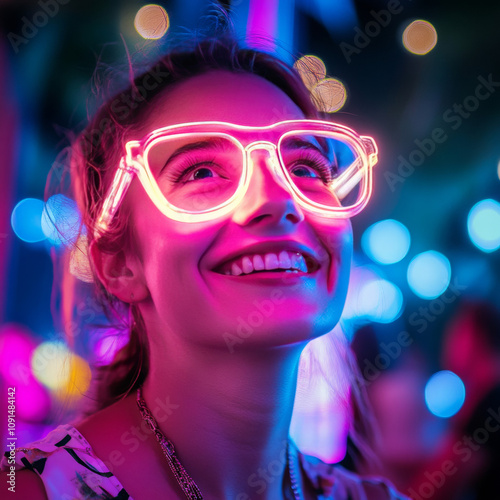 A tourist wearing neon glasses with an unusual shape, standing out in the crowd with a unique, colorful style.