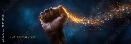 A glowing clenched fist radiates golden stardust on a deep blue background, symbolizing unity, hope, and the enduring legacy of Martin Luther King Jr.'s dream for equality.