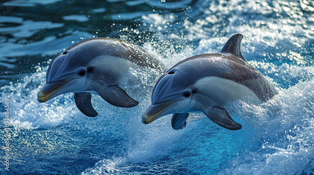 Fototapeta premium Two dolphins gracefully leaping from the water, showcasing their playful nature and beauty in the ocean.