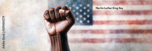 A raised fist with an American flag backdrop symbolizes unity and freedom, with clean typography reading 