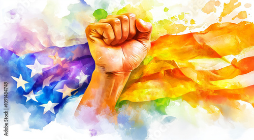A raised fist surrounded by a flowing American flag, symbolizing unity, freedom, and equality, set against a clean, hopeful background to honor Martin Luther King Jr.'s legacy.