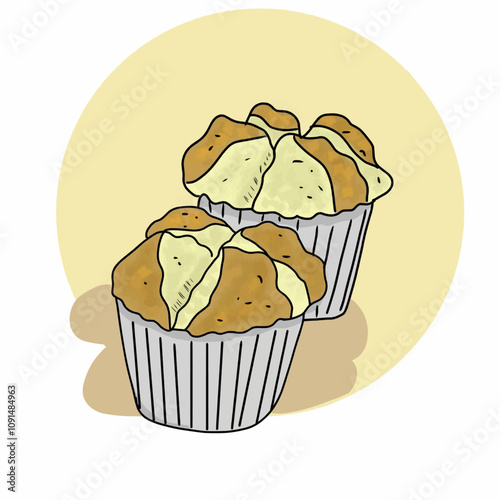 Illustration of Traditional Indonesia Bolu Kukus Cake with a light yellow background