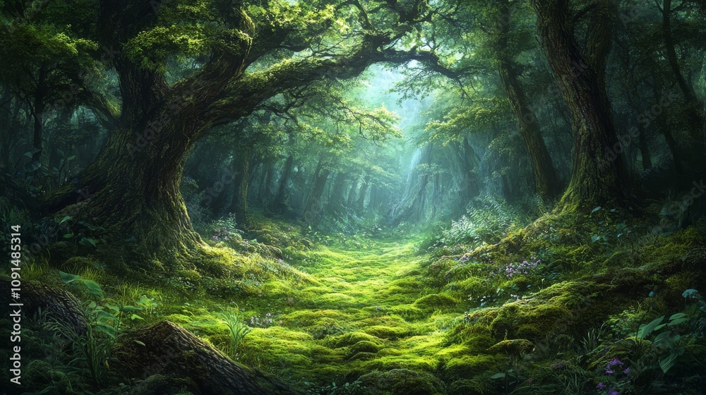 Fototapeta premium Enchanting Mossy Path Through a Lush Green Forest