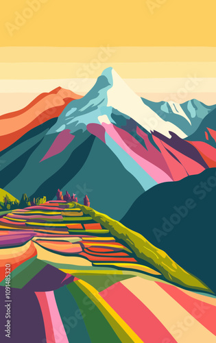 Retro Style Peru Vinicunca Rainbow Mountain Travel Poster, Exotic Andes Adventure