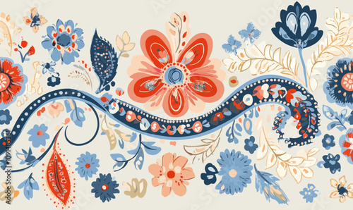 Vibrant Patchwork Floral Pattern with Paisley and Indian Flower Motifs for Textile Design